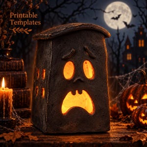 Haunted House Pottery Template, Ceramic Lantern Slab Building Pattern, Printable Halloween Luminary PDF