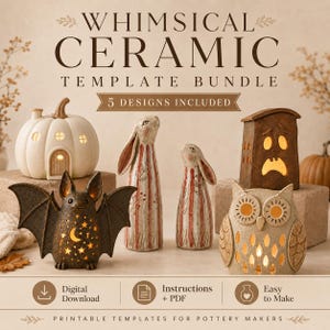 May include: A digital template bundle for pottery makers featuring five ceramic designs: a pumpkin house, a bat with stars and a moon, two tall rabbits with striped patterns, a ghost house, and an owl. Text includes WHIMSICAL CERAMIC TEMPLATE BUNDLE.