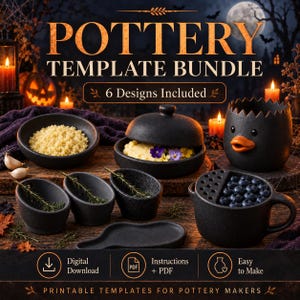 May include: A pottery template bundle featuring six black ceramic items including a bowl with grains, a lidded dish with flowers, a duck-shaped egg cup, three small herb bowls, and a berry mug. Text includes POTTERY TEMPLATE BUNDLE, 6 Designs Included, Digital Download, Instructions + PDF, Easy to Make, and PRINTABLE TEMPLATES FOR POTTERY MAKERS.