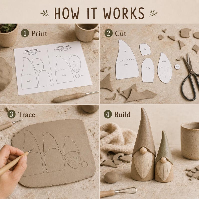 May include: A four-step instructional guide titled HOW IT WORKS showing the process of making clay gnomes. It includes a printed paper template, cut paper shapes, a hand tracing outlines onto a clay slab, and two finished clay gnome figurines.
