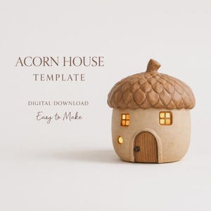 May include: An acorn-shaped house figurine with a textured brown cap and a smooth beige base. The structure features a small arched wooden door, two square windows, and one circular window, all illuminated from within by a warm, soft light.