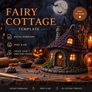 May include: A digital download template for a fairy cottage featuring a dark, textured house with a pointed roof, glowing windows, and a heart-shaped door. The text reads FAIRY COTTAGE TEMPLATE, DIGITAL DOWNLOAD, PRINT & USE, CREATE YOUR OWN FAIRY HOUSE, and EASY TO MAKE.
