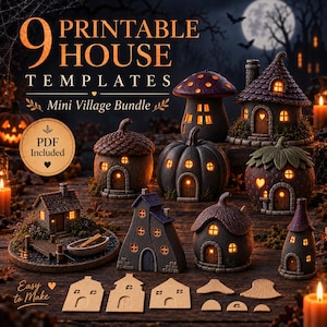 Può includere: Una collezione digitale di 9 modelli di case stampabili per un mini villaggio, con varie strutture in miniatura come case a forma di fungo e zucca con illuminazione interna, oltre a sagome piatte in cartone.
