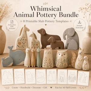 Peut inclure: Un ensemble numérique avec le texte Whimsical Animal Pottery Bundle et 8 Printable Slab Pottery Templates. L'image présente diverses figurines d'animaux en céramique, notamment des chevaux, chiens, éléphants, baleines, lamas, un chat, un hibou et des écureuils.