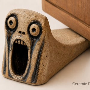 Może przedstawiać: Beżowy ceramiczny stoper do drzwi z wyrzeźbioną twarzą o szerokich, okrągłych oczach i otwartych ustach. Figurka ma teksturowaną, nakrapianą powierzchnię z ciemnymi, wgłębionymi detalami oraz napis Ceramic Details.