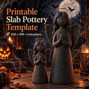 Może przedstawiać: Grafika cyfrowa z tekstem Printable Slab Pottery Template SVG + PDF + Instructions, przedstawiająca dwie ciemnoszare figurki aniołów z zamkniętymi oczami, złożonymi dłońmi i miedzianymi aureolami w scenerii o tematyce Halloween.