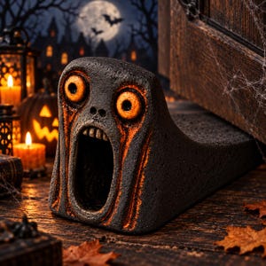 May include: A black doorstop shaped like a screaming face with large, glowing orange eyes and a wide, open mouth. The textured surface features orange highlights around the eyes and mouth, creating a high-contrast appearance for this functional object.