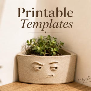 May include: A beige, triangular ceramic planter featuring a sculpted face with a skeptical expression, containing a small green succulent plant. The text "Printable Templates" and "easy to make" are visible in the image above and below the planter.