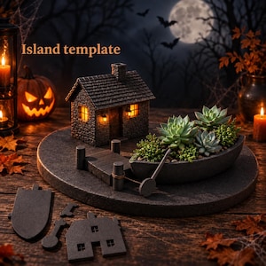 May include: A stone cottage model with illuminated windows sits on a circular base next to a boat-shaped planter filled with green succulents. The text "Island template" is visible. Flat dark gray cutouts of a house and tools lie nearby.