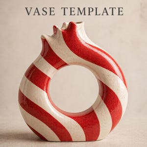 May include: A ceramic vase with a unique donut shape, featuring alternating red and off-white stripes. The top of the vase has a wavy, textured rim. The text "VASE TEMPLATE" is at the top of the image.