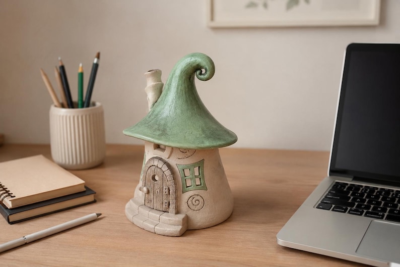 May include: A ceramic decorative house figurine featuring a cream-colored base with a textured arched wooden door, a small green window, and a prominent, curved, sage green roof with a chimney. The structure has a whimsical, rounded shape.