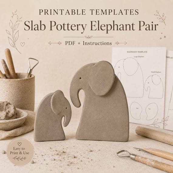Slab Pottery Elephant Pair Template, Printable Ceramic Pattern (PDF Download)