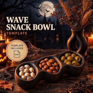 Könnte beinhalten: Eine dunkle, texturierte Snackschale mit drei wellenförmigen Abschnitten, gefüllt mit Pistazien, Mandeln und grünen Oliven. Das Bild enthält den Text WAVE SNACK BOWL TEMPLATE und ein kreisförmiges Abzeichen mit TEMPLATE INCLUDED und SVG-Symbol.