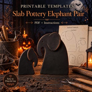 May include: A printable template for a slab pottery elephant pair, including PDF instructions. The set features a large and small elephant outline on paper, alongside two dark, matte-finished ceramic elephant figures in a matching design.
