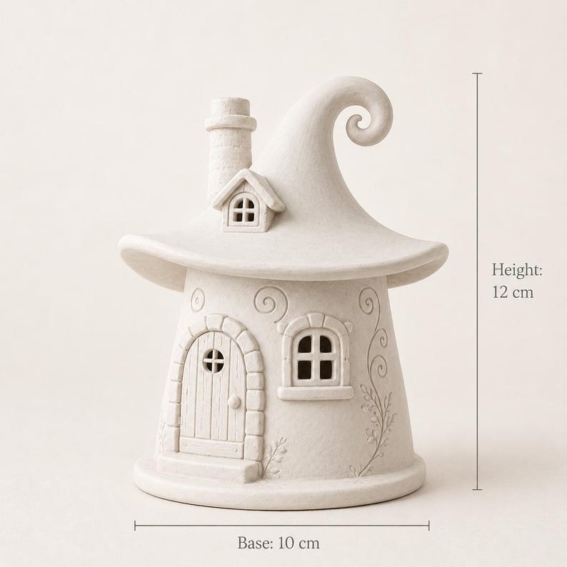 May include: A matte off-white ceramic house figurine with a curved, pointed roof, a chimney, a small arched door, and a window. The structure features embossed swirl and vine patterns. It measures 4.72 inches in height and 3.94 inches at the base.