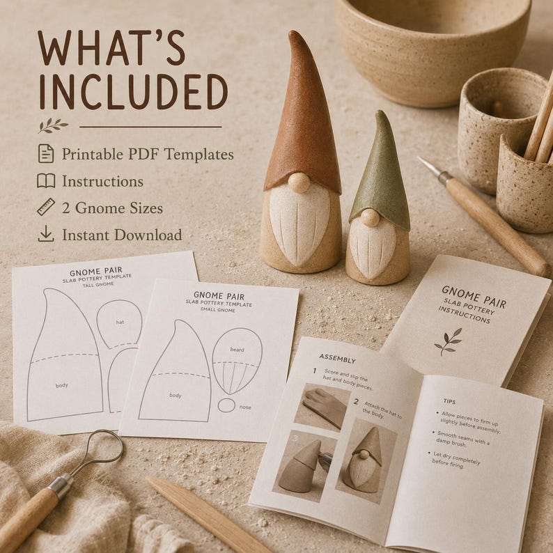 May include: A digital download kit for slab pottery gnomes including two printed paper templates, an instruction booklet, and two ceramic gnome figurines with brown and green hats. The text reads WHAT'S INCLUDED, Printable PDF Templates, Instructions, 2 Gnome Sizes, Instant Download, GNOME PAIR SLAB POTTERY TEMPLATE, and GNOME PAIR SLAB POTTERY INSTRUCTIONS.