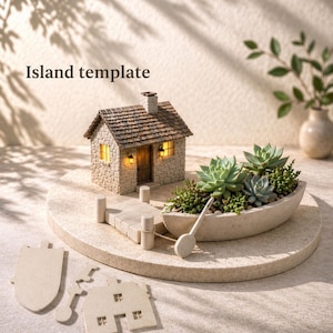 May include: A miniature stone house with a wooden door and a chimney, lit windows, and a small dock. A boat-shaped planter filled with succulents and a small wooden oar. The text "Island template" is visible.