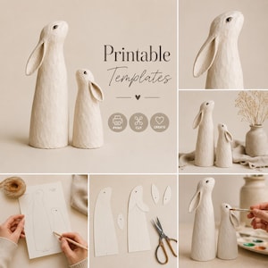 May include: A collection of cream-colored rabbit figurines, with long ears and textured surfaces, are displayed. The image includes the text "Printable Templates" and icons for print, cut, and create. The figurines vary in size, suggesting a DIY craft project.