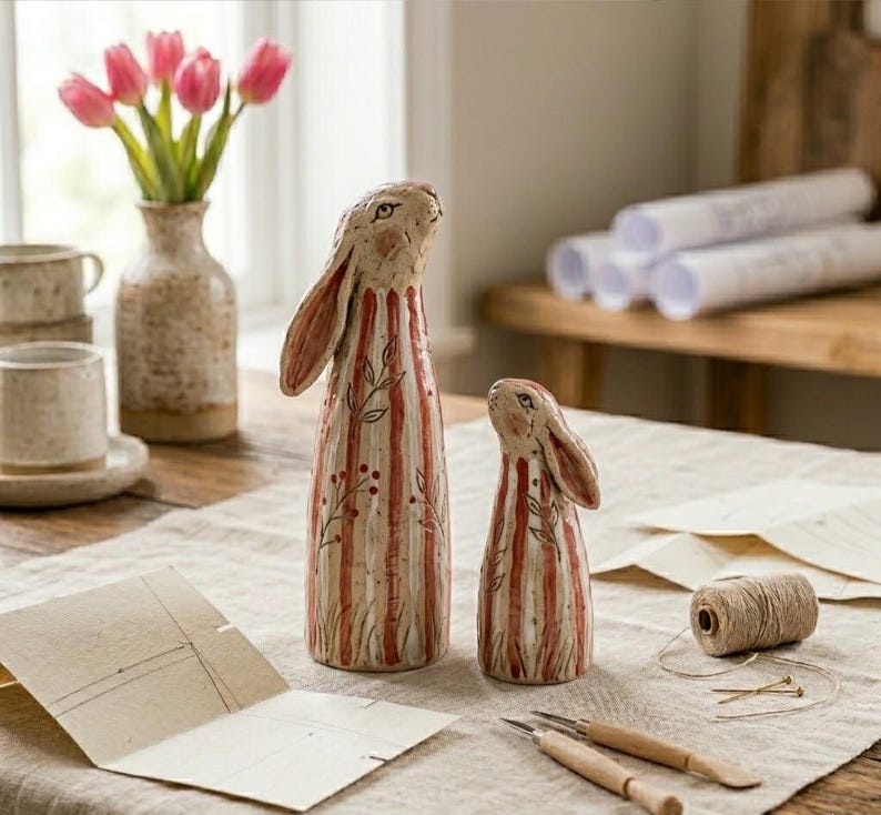 May include: Two ceramic rabbit figurines with red and white striped bodies and long ears. The figurines are decorated with floral accents. A vase of pink tulips and a set of mugs are in the background.