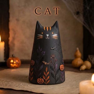May include: A black cone-shaped cat figurine featuring the word CAT at the top. The surface is decorated with orange pumpkins, purple and orange foliage, spider webs, and small bats. The cat has orange eyes and white whiskers painted on it.