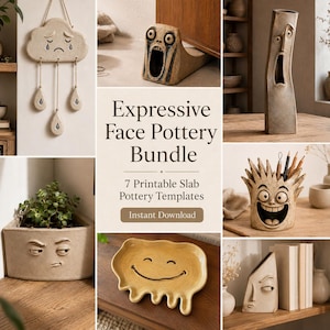 May include: A collection of seven ceramic pottery items featuring expressive faces, including a sad cloud wall hanging, a screaming doorstop, a tall vase, a spiky pencil holder, a sceptical planter, a smiling tray, and a side-profile vase.
