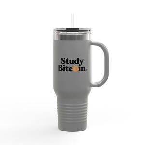 May include: A gray travel mug with a handle and a straw. The mug has the words "Study Bitcoin" printed on the front, with a Bitcoin symbol. The mug is designed to keep drinks hot or cold.