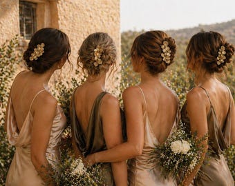 May include: Four gold-toned hair combs featuring a cluster of small, metallic flower-shaped elements. Each hair accessory is secured into an updo hairstyle, showcasing a delicate floral design that adds a metallic accent to the hair.