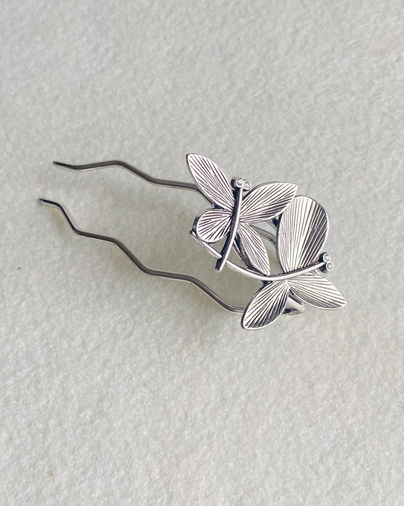 Updo Texture Silver Dragonfly Hair Fork, Double Dragonfly Bun Holder, French Twist ...