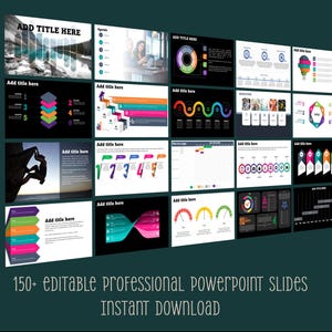 May include: A collection of professional PowerPoint slide templates with various designs and layouts. The image includes slides with charts, graphs, and text placeholders. Text on the image reads "150+ EDITABLE PROFESSIONAL POWERPOINT SLIDES INSTANT DOWNLOAD."