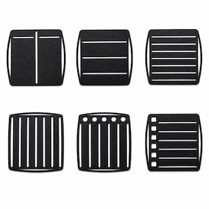 May include: A set of six square black coasters with rounded sides, each featuring a unique cutout pattern. The designs include vertical and horizontal lines, a central divider, a row of five circles, and a column of five small squares along the edge.