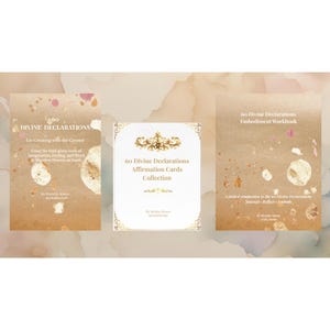 May include: Three items with the text "60 Divine Declarations" are displayed. The items include a book, a workbook, and a collection of affirmation cards. The book and workbook have a light brown background with gold accents. The affirmation cards have a white background with gold accents.