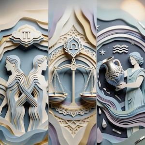 Peut inclure: Une œuvre d'art verticale avec le texte "ELEMENT COLLECTION" et "air • air • air". L'image présente trois panneaux avec des motifs découpés en papier représentant les signes du zodiaque : Gémeaux, Balance et Verseau. La palette de couleurs comprend le bleu, l'or et la crème.
