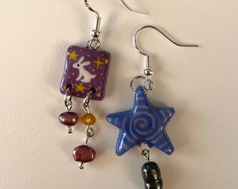 Whimsical Star and Rabbit Mismatched Earrings