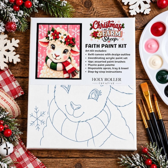 Christmas Sheep Paint Kit | 8x10 Canvas Painting Set | Beginner Friendly DIY Holiday Craft | Christmas on the Farm