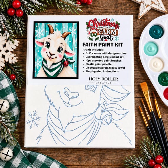 Christmas Goat Paint Kit | 8x10 Canvas Painting Set | Beginner Friendly DIY Holiday Craft | Christmas on the Farm