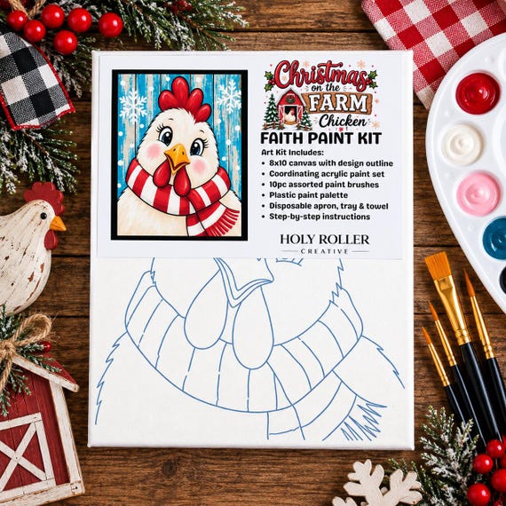 Christmas Chicken Paint Kit | 8x10 Canvas Painting Set | Beginner Friendly DIY Holiday Craft | Christmas on the Farm