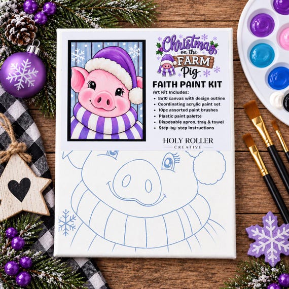 Christmas Pig Paint Kit | 8x10 Canvas Painting Set | Beginner Friendly DIY Holiday Craft | Christmas on the Farm