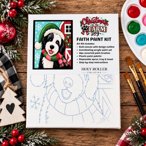 Christmas Dog Paint Kit | 8x10 Canvas Painting Set | Beginner Friendly DIY Holiday Craft | Christmas on the Farm