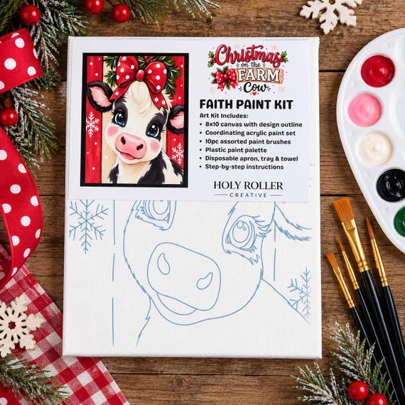 Christmas Cow Paint Kit | 8x10 Canvas Painting Set | Beginner Friendly DIY Holiday Craft | Christmas on the Farm