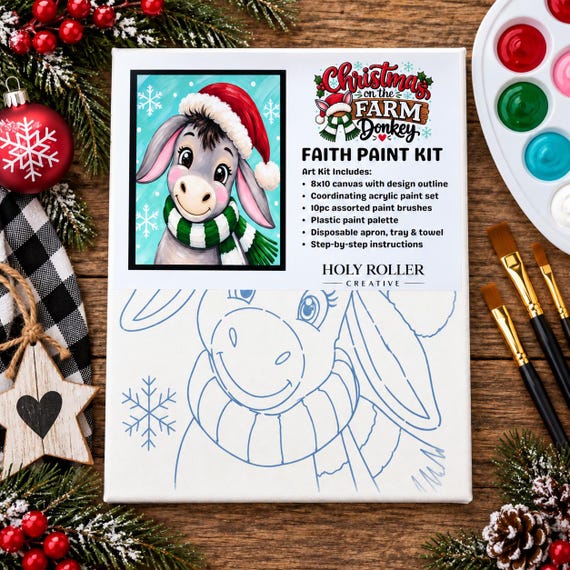 Christmas Donkey Paint Kit | 8x10 Canvas Painting Set | Beginner Friendly DIY Holiday Craft | Christmas on the Farm