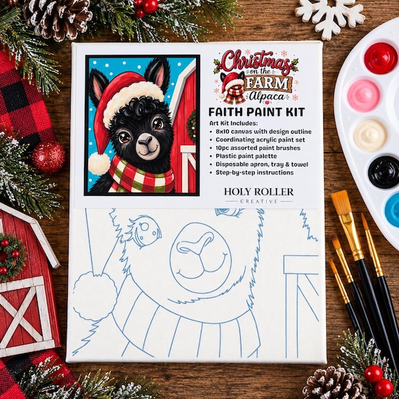 Christmas Alpaca Paint Kit | 8x10 Canvas Painting Set | Beginner Friendly DIY Christmas Craft | Christmas on the Farm