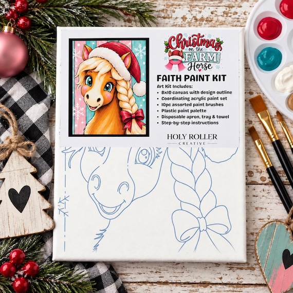 Christmas Horse Paint Kit | 8x10 Canvas Painting Set | Beginner Friendly DIY Holiday Craft | Christmas on the Farm