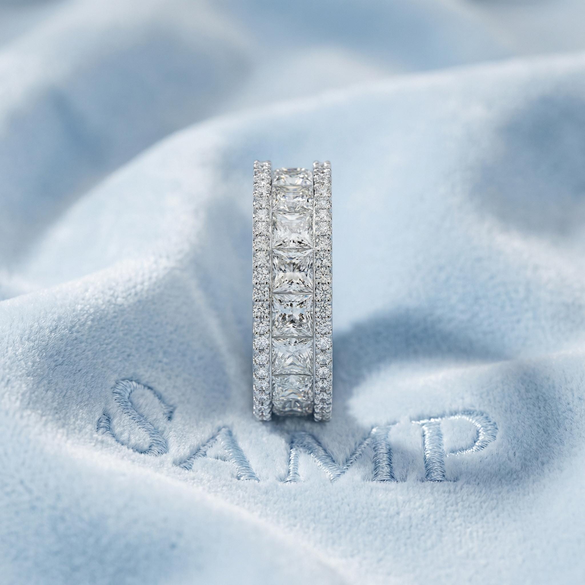 Princess Cut Diamond Eternity Band | Double Halo 14K White Gold Wedding ...