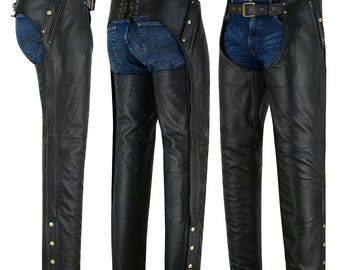 Men's Black Leather Motorcycle Chaps, Cowhide Biker Riding Gear