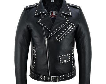 Men’s Brando Style Studded Leather Motorcycle Jacket, Asymmetrical Zip Biker Jacket with Belt