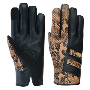 May include: A pair of black leather gloves with a snakeskin pattern on the back of the hand and on the thumb. The gloves have a touchscreen-compatible fingertip.