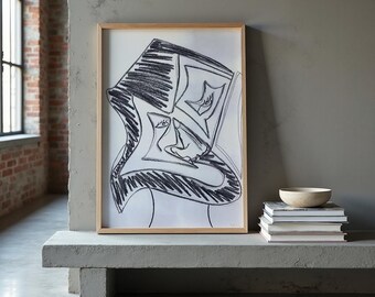 Lámina de arte abstracto con figura humana, retrato expresivo dibujado, cuadro enmarcado para pared, a partir de una pintura al óleo original.