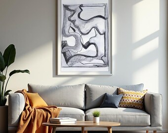 Lámina de arte abstracto lineal, dibujo minimalista en blanco y negro, cuadro enmarcado, a partir de una pintura al óleo original.