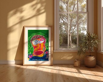 Lámina de arte abstracto con figura, pintura expresionista colorida, cuadro enmarcado para pared, a partir de una pintura al óleo original.