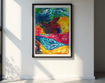Lámina artística abstracta de paisaje rojo, pintura de la costa mexicana, arte mural moderno, a partir de una pintura al óleo original.